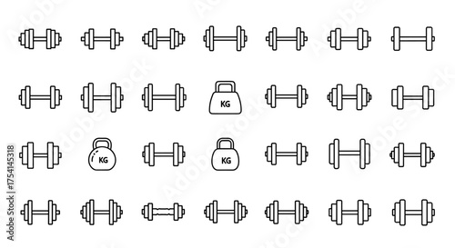 Dumbbell and kettlebell line icon set. Collection of weight training equipment symbols for gym, fitness, and workout. Vector for bodybuilding and exercise concepts design.