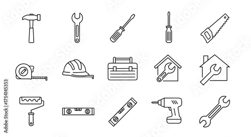 Tools icon set for construction and repair. Vector line icons for home improvement, DIY, maintenance service. Hammer, wrench, screwdriver, saw, drill, toolbox for renovation.