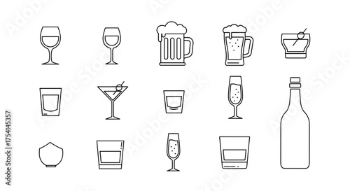 Alcoholic drinks vector icon set. Line art illustration of wine glass, beer mug, cocktail, whiskey, champagne, bottle. Bar menu elements, beverage and glassware collection.
