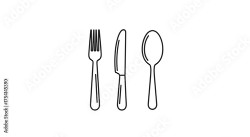 Cutlery line art icon with fork, knife, and spoon. Simple vector for restaurant, dining, food service, and cooking concepts. Minimalist black and white tableware illustration.