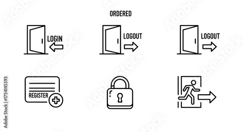 Login logout register icon set vector. User authentication, account access, security symbols. Sign in, sign out, exit pictogram. Web interface button & padlock graphic.