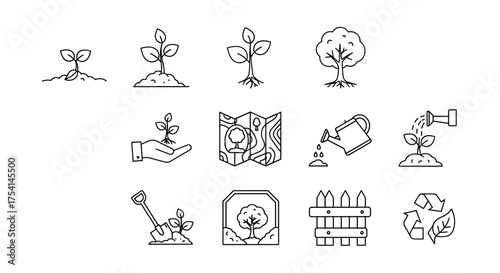 Stages of Plant Growth and Gardening Concept Icons Set. Sprout, Seedling, Tree, Hand Holding Plant, Environmental Conservation, Watering, Shovel, Fence, Map, Recycle Symbol. Line Vector Illustrations