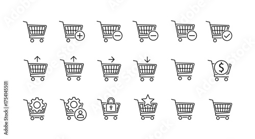 Shopping cart line icon big set. E-commerce business, online store interface elements. Add to cart, remove, checkout, buy, wishlist, secure payment, user settings.