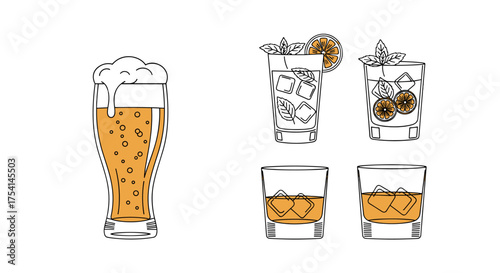 Vector line art illustration set of alcoholic drinks. Beer with foam, whiskey on the rocks, and cocktails with ice, mint and orange. Collection of bar menu beverage icons.