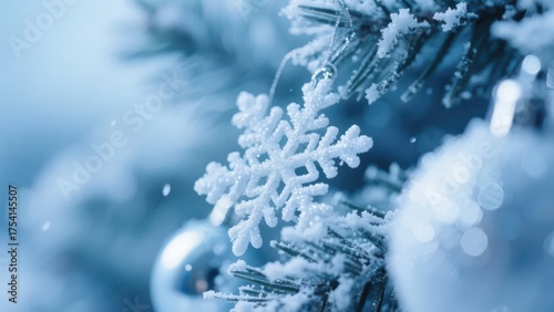 At Christmas, a close - up shows a Christmas tree covered with snow and decorated with snowflakes and colorful balls, creating a strong festive atmosphere.
