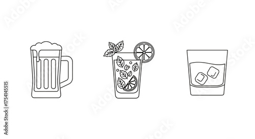Alcoholic drinks icon set. Beer mug, Mojito cocktail, and Whiskey glass line art vector illustration. Bar menu elements. Beverage collection for pub or restaurant design.