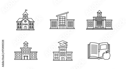School and university building line icon set. Education, academic institution, college, and library vector icons. Graduation cap, book, and apple symbols for learning and knowledge.