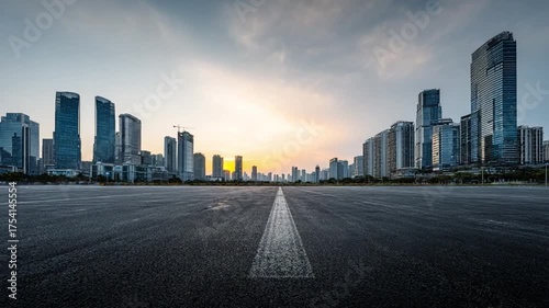 City Skyline from the Road: A captivating perspective of a modern city's skyline, viewed from an open road, where sleek skyscrapers stand tall against a serene evening sky.