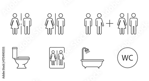 Set of toilet and restroom line icons. WC, bathroom, and lavatory signs. Male, female, unisex, and gender-neutral pictograms. Vector symbol collection for public places.
