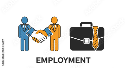 Employment concept with handshake. Hiring, recruitment icon. Partnership agreement, corporate deal. Job interview, career opportunity. Human resources, teamwork vector illustration.