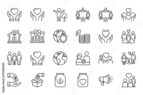 Charity and donation line icon set. Volunteer, help, and support symbols. Community, care, giving, and fundraising concepts. Non-profit and social work vector pictograms.