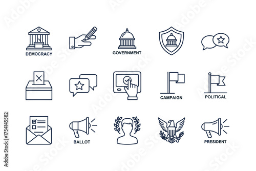 Election and voting line icon set. Government, democracy, political campaign symbols. Editable stroke vector icons for ballot, president, and civic duty concepts. Politics.