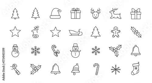 Christmas line icon set. Winter holidays collection. Xmas symbols. Santa hat, gift, reindeer, snowman, snowflake, tree, candy cane, bell, stocking, star. Thin line vector signs for web.