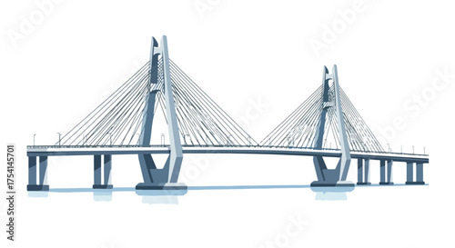 Stylized depiction of a cable-stayed bridge with towers and many supporting cables crossing an expanse of water against a neutral background