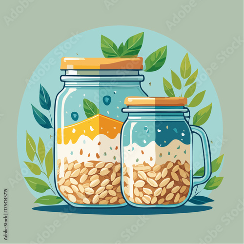Overnight Oats in Mason Jars with Fresh Mint Leaves.
