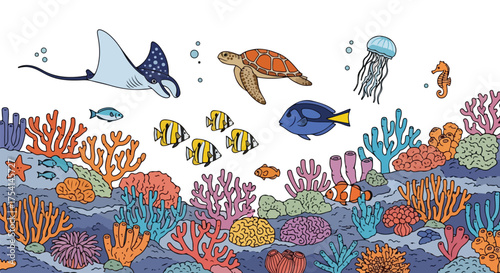 Vibrant coral reef ecosystem featuring diverse marine life swimming among colorful corals and rocky formations illustration