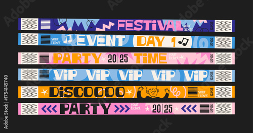 Control ticket bracelets for events, disco, festival, fan zone, party, staff. Vector cartoon mockup of a festival bracelet in a futuristic doodle style
