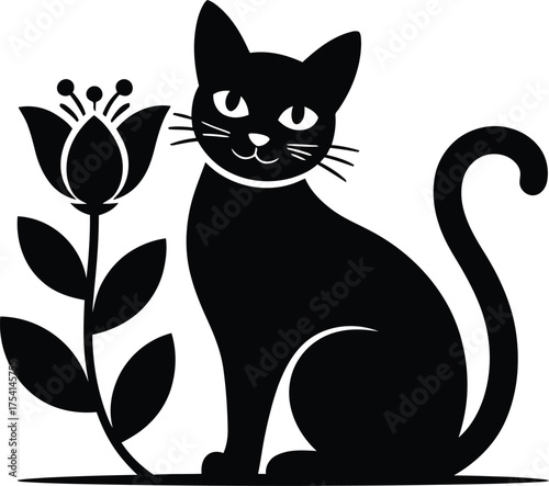 Elegant black cat silhouette resting peacefully near a vibrant blooming flower silhouette