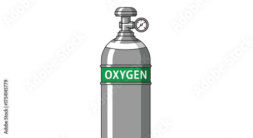 Isolated oxygen cylinder with pressure gauge showcases medical gas storage and compressed air technology in clean vector graphics design