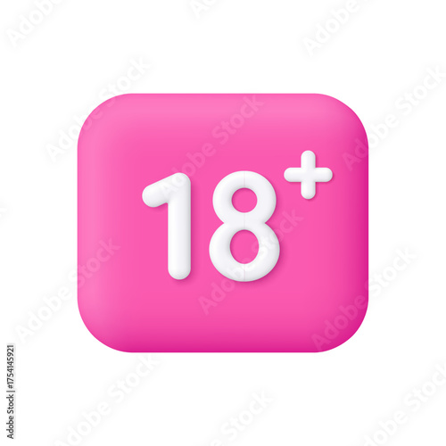 18 plus only sign on pink square button. Adult content restriction, age limit, mature content and parental control concept. 3d vector icon. Cartoon minimal style.