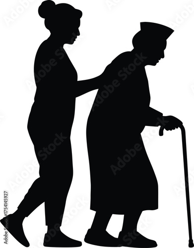 Caretaker assisting an elderly woman with walking depicted in a clean silhouette style