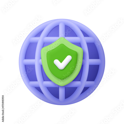 Purple globe with green shield with checkmark. Secure internet connection, global network, online security, privacy protection, cybersecurity, web safety concept. 3d vector. Cartoon minimal style.