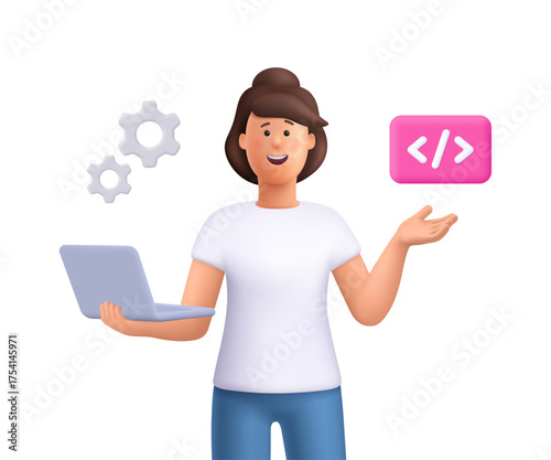 Young smiling woman Jane holding laptop and showing pink coding symbol. Web developer, software engineer or coder. Programming and coding concept. 3d vector people character. Cartoon minimal style.