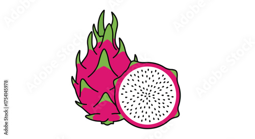 Vibrant dragon fruit illustration showcasing its exotic pink skin, green scales, and white flesh speckled with black seeds arranged on a white