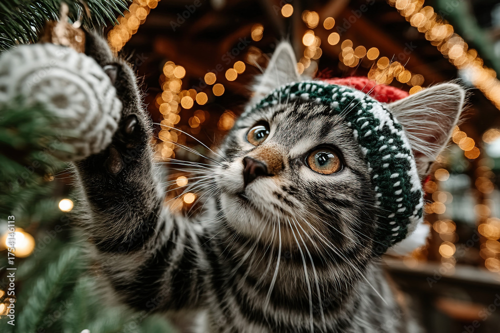 Obraz premium An energetic kitten playing with tree ornament in Santa hat