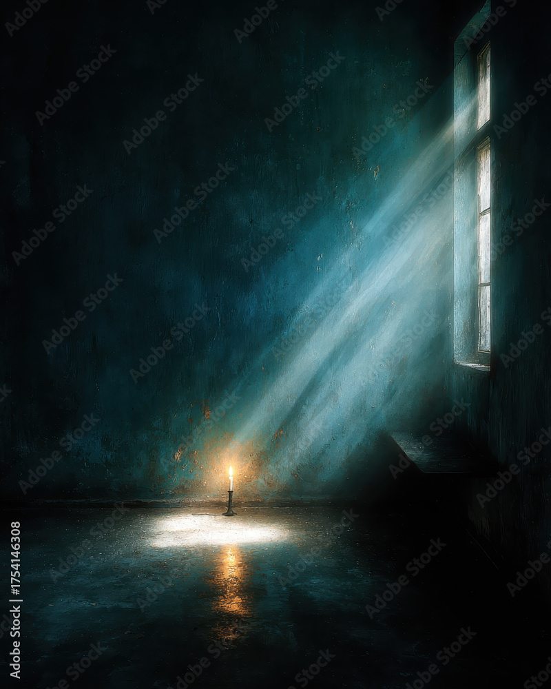 Obraz premium Single candle illuminates dark, empty room with window casting light beams. atmosphere is mysterious and serene