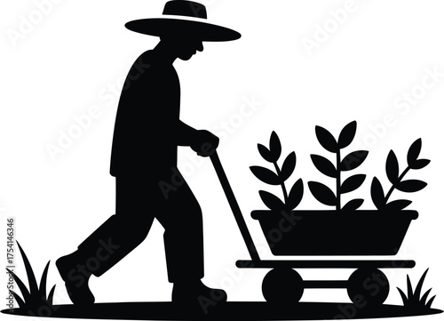 Farmer pushing a cart full of seedlings in a distinctive silhouette style