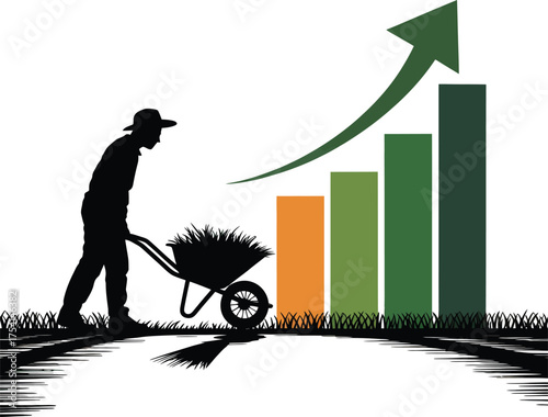 Farmer pushing a wheelbarrow past growing plants in a silhouette style