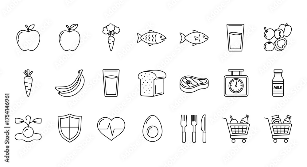 Fototapeta premium Healthy food, nutrition and diet icon set. Line art icons for grocery shopping, balanced meal, healthy lifestyle and wellness. Vector symbols of fruit, vegetable, fish, meat, and milk.