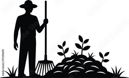 Gardener raking mulch around plants in a silhouette style