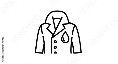 Waterproof coat icon. Raincoat line art symbol. Water resistant jacket vector illustration. Weather protection clothing concept. Drop repellent fabric technology logo design.