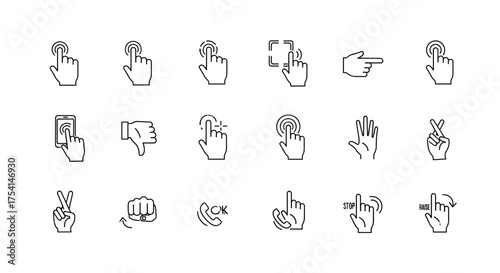 Hand Gesture Icons Set. Touch Gesture Vector Line Icons for Mobile and Web UI. Pointing, Tap, Swipe, Click, Phone Call, Stop, Raise, Thumbs Down, Fist, Peace, OK signs.