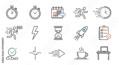 Set of linear icons for time management and productivity. Symbols of speed, efficiency, deadline, fast performance, project management, business workflow, and startup launch.