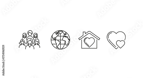Charity and donation icon set for social projects. Community, family, and volunteering concepts. Global support, love, and care vector symbols. People helping each other.