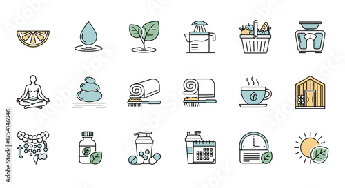 Detox body cleanse icon set. Healthy lifestyle and wellness symbols. Nutrition, diet, yoga, spa, supplements for gut health. Natural food and drinks for well-being concepts.