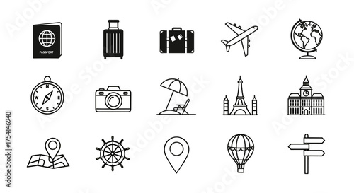 Travel and tourism thin line icon set. Vector symbols for vacation, journey, adventure, and navigation. Includes passport, luggage, airplane, globe, camera, and world landmarks.