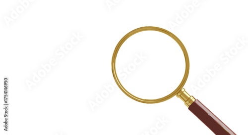 Magnifying glass isolated on white for search, find, and analysis concepts. Lens for discovery, investigation, and research. Tool for inspection, zoom, and scrutiny.
