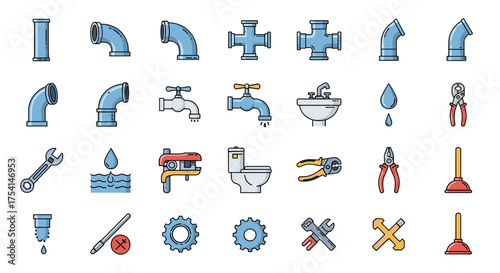 Vector plumbing icons set for sanitary engineering. Water supply, repair concept with pipe, faucet, toilet, sink, wrench, pliers, plunger, and other plumbing work tools.