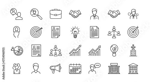 Business and Human Resources icon set. Vector line icons for management, recruitment, career. Concepts for resume, teamwork, idea, goal, marketing, strategy, and office.