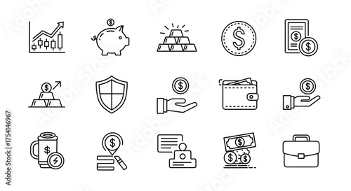 Finance and investment line icons set. Money and wealth symbols including growth chart, piggy bank savings, gold bars, currency coins, financial transactions and wallet.
