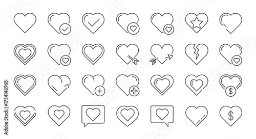 Heart symbol vector icons set. Love, like, favorite, romance, rating, break, dollar, chat, add, arrow, double heart, minimal line art. Modern outline valentine social media design elements.