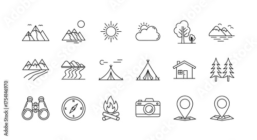 Big set of camping and outdoor adventure line icons. Collection of thin line vector symbols for hiking, travel and nature. Mountain, forest, tent, campfire, compass, map pin.