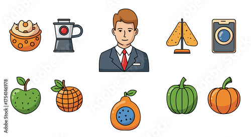 Vector set of illustrated fruit icons including orange, green apple, grilled pineapple, papaya, pumpkin in green and orange colors with man in suit and coffee maker, modern kitchen items