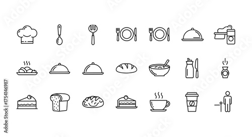 Set of minimalistic restaurant and food icons including chef hat, utensils, plates, covered dish, bread, soup, cake, coffee cup, takeaway coffee, and dining concept outline symbols