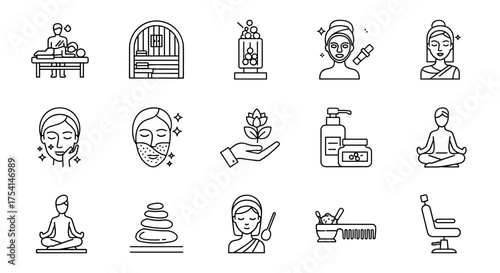 Beauty salon and spa thin line icons. Includes massage, sauna, facials, skincare products, meditation, hot stones, and aromatherapy. Wellness and self-care vector symbols.