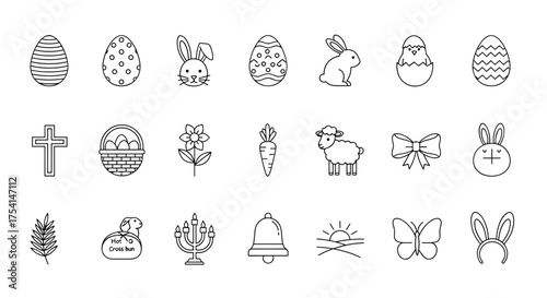 Easter linear icons collection with decorative eggs, bunny rabbits, spring flowers, Easter basket, religious cross, sunrise, lamb, butterfly, bell, carrot, and festive bow in outline style